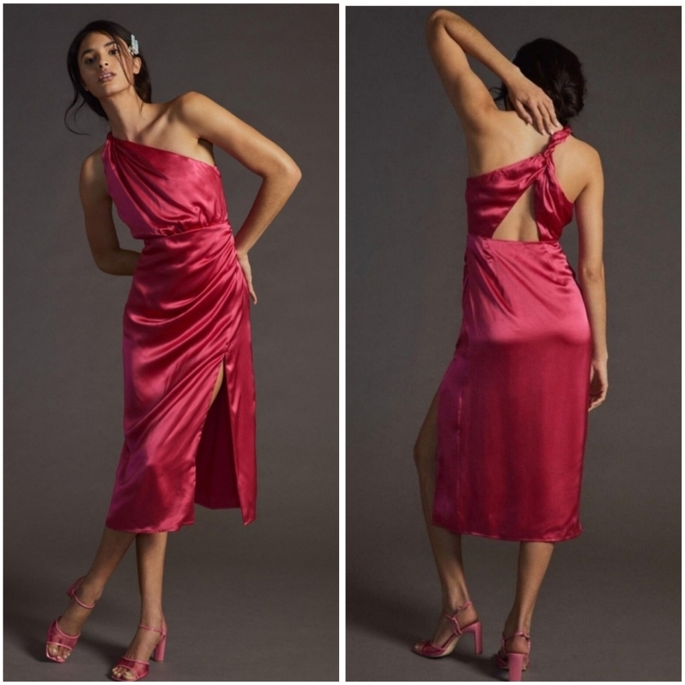 Anthropologie Braided One Shoulder 100% Silk Midi Dress in Raspberry NWT New - Picture 2 of 11